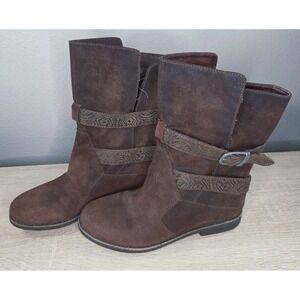 EMU Australia Ainslie Moto Boots Brown Distressed Suede Multi Strap Buckle...